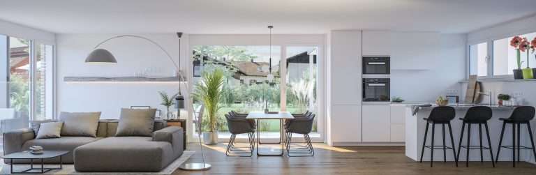panorama view inside modern house extension bi fold project